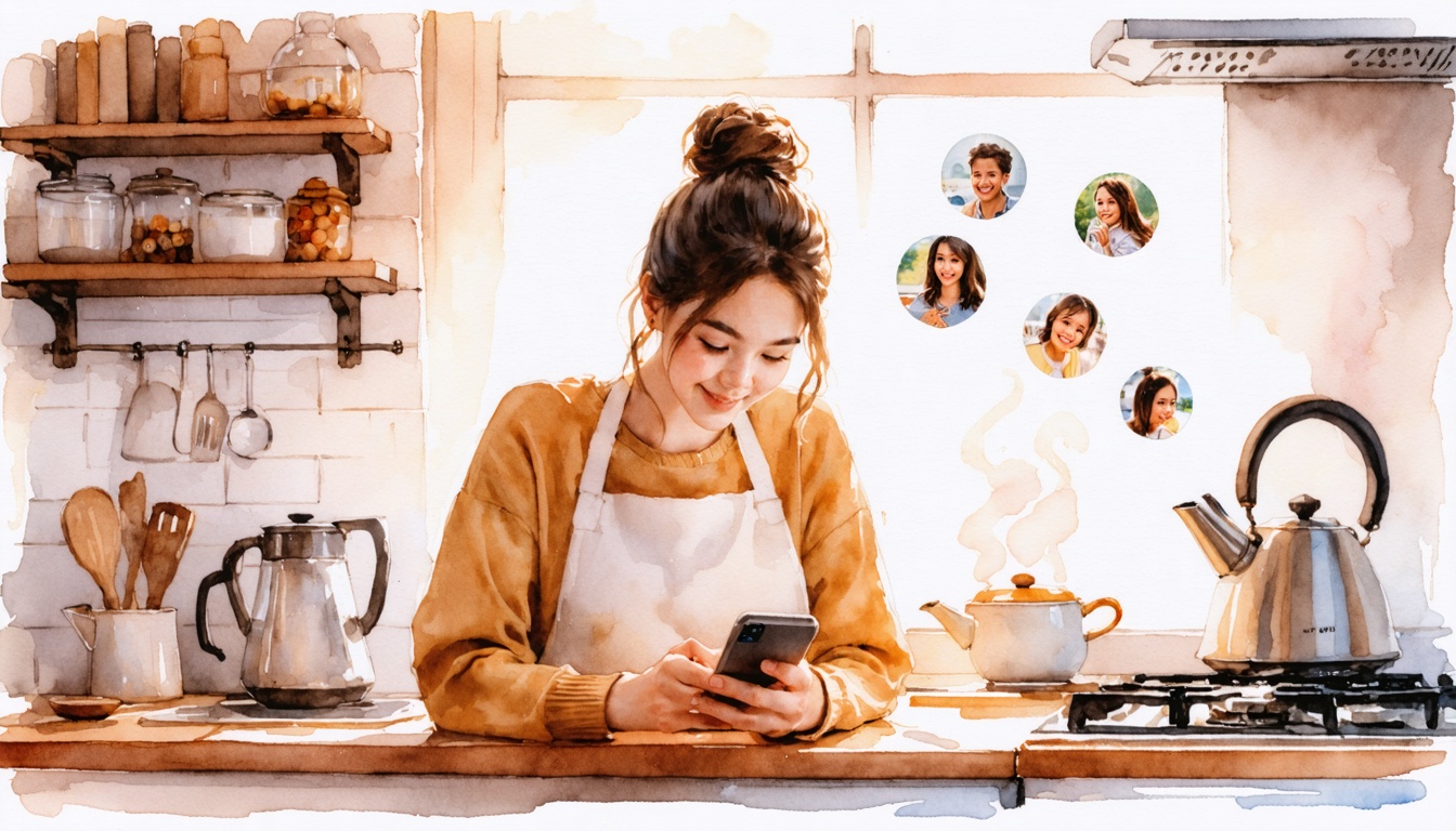 Watercolor illustration of a person smiling at their phone in a warm kitchen, small photo bubbles floating above the screen, a kettle steaming behind them