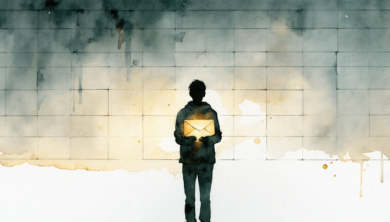 Watercolor illustration of a person at night holding a single glowing envelope, standing before a vast dim wall of faint identical tiles