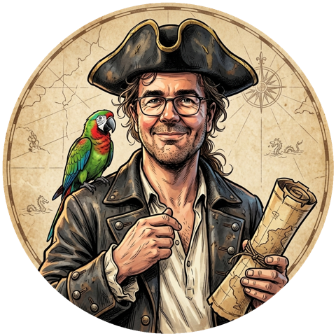 The author as a pirate captain in comic style: tricorn hat, glasses, a green parrot on his shoulder and a rolled-up map in his hand, on a round parchment background.
