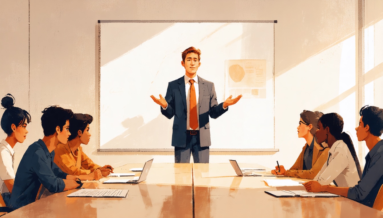 Editorial illustration of a manager standing before a seated team with an open, welcoming gesture, while the team sits composed and holds back