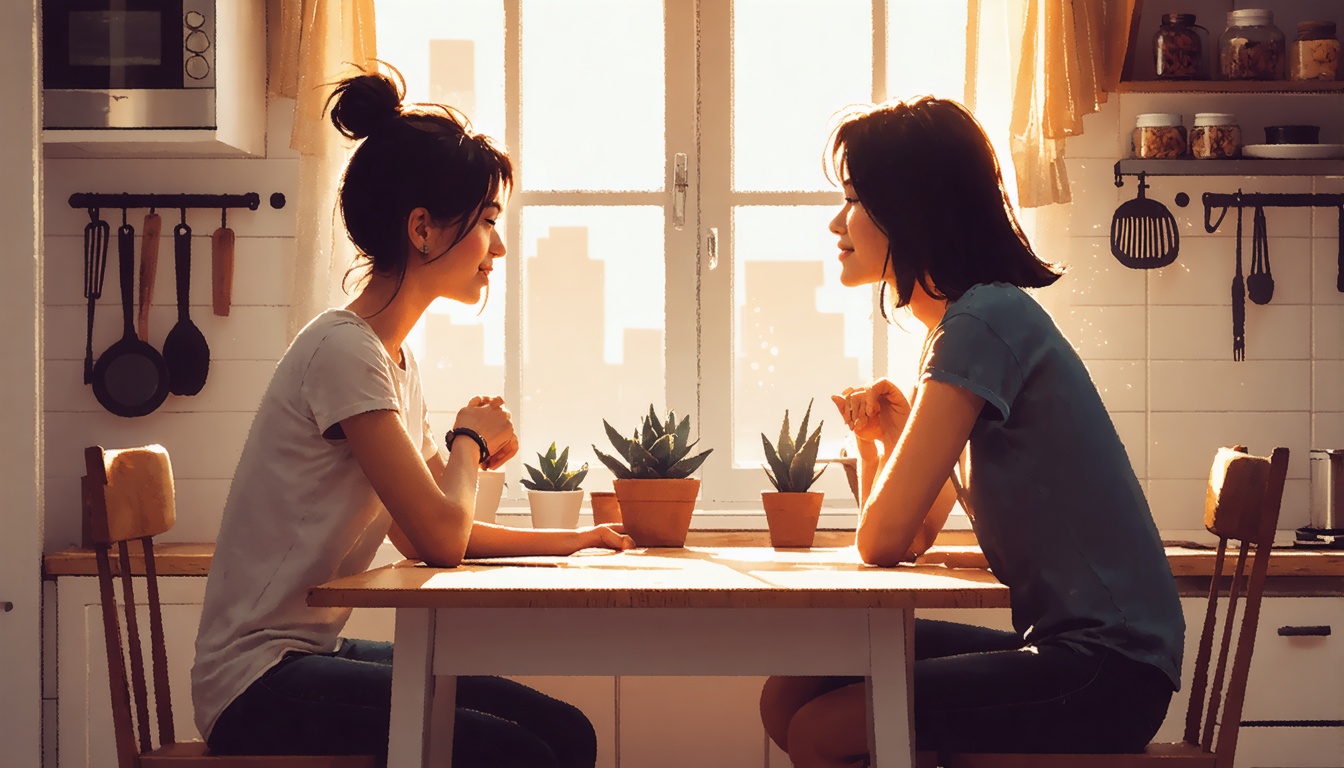 Editorial illustration of two people in calm, close conversation across a small kitchen table in warm evening light, both relaxed and attentive to each other