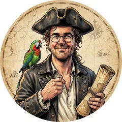 Stefan as a pirate captain with tricorn hat, parrot and a rolled-up map